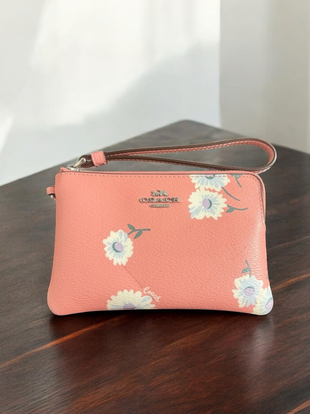 Coach Pink Daisy Corner Zip Wristlet